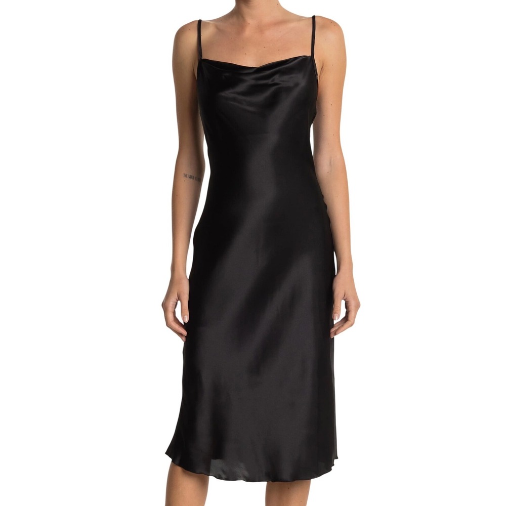 Bebe Satin Cowl Neck Midi Dress Women Sz S Black Spaghetti Strap Cocktail Party